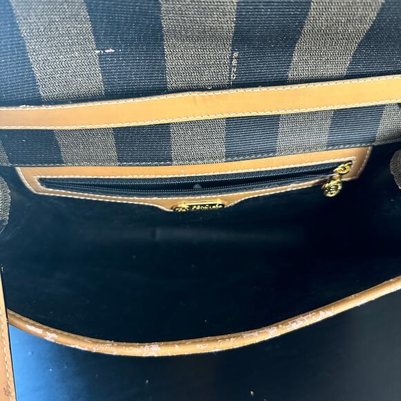 FENDI VTG 80s Pequin Stripe Cognac Saddle Flap Shoulder Bag Convertible Clutch - Picture 12 of 16